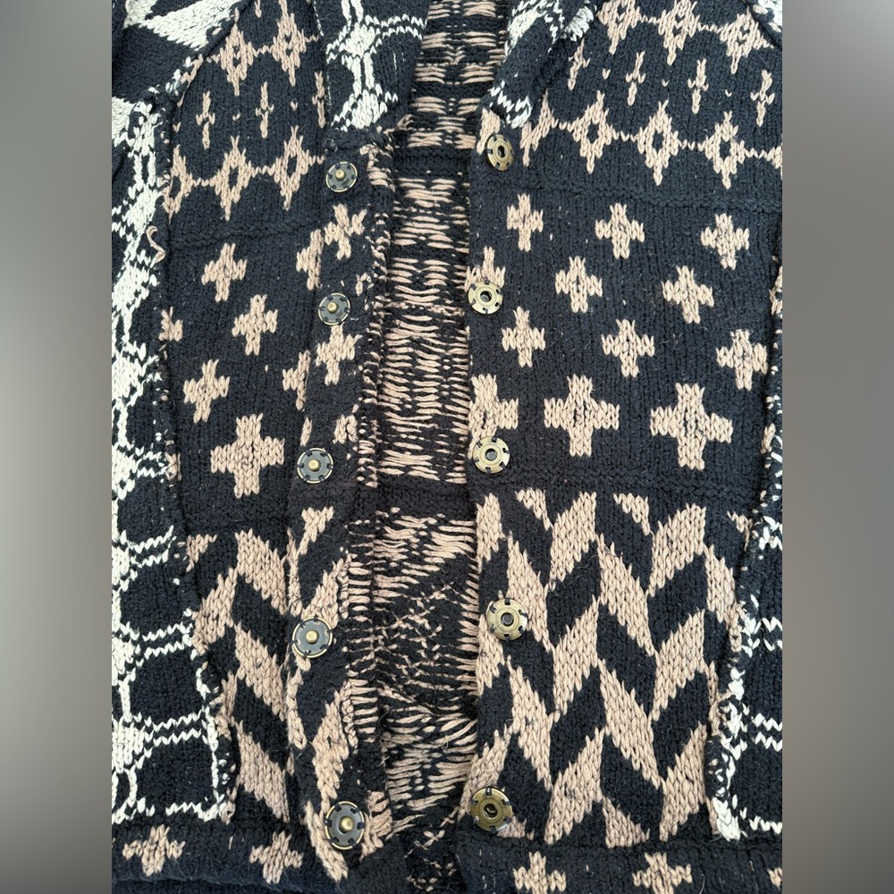 Free People Cardigan Sweater Bright & Optimistic Black Cream Brown Chunky - Picture 7 of 7